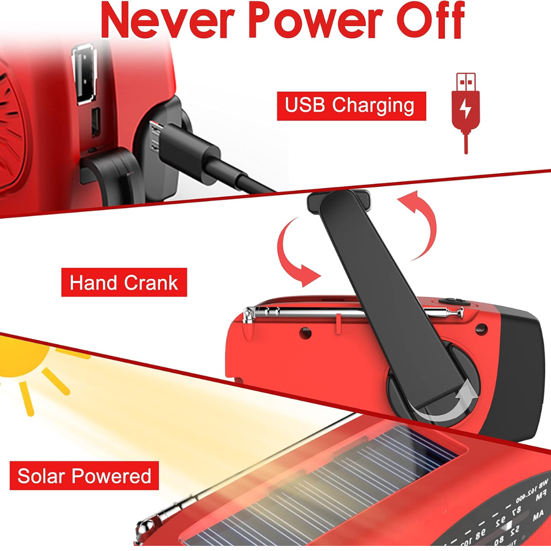 Emergency Radio - Hand Crank, Solar & USB Charging